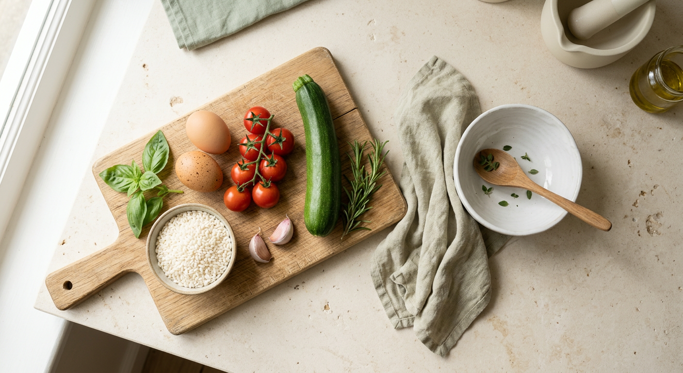 Ingredientes frescos sobre uma bancada clara